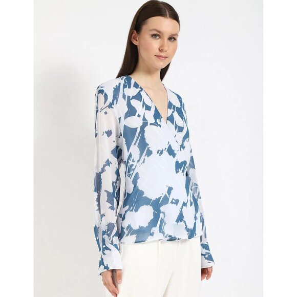 Calvin Klein Womens Floral Chiffon V-Neck Wrap Blouse/Shirt Blue Poseidon XL NWT - Picture 2 of 6